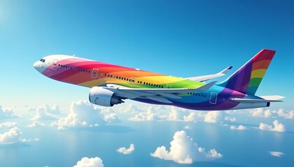 Colorful rainbow flag painted on a large commercial airplane soaring in the sky, diversity, travel
