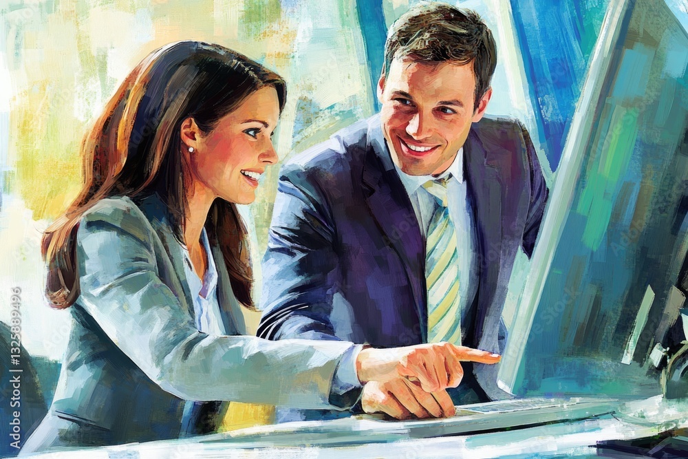 Poster a professional scene depicting two colleagues collaborating at a computer, showcasing teamwork and e