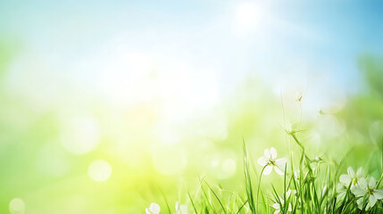 Obraz premium Spring or summer abstract nature background with green grass and blue sky, vibrant fresh season scenery with bright sunlight.
