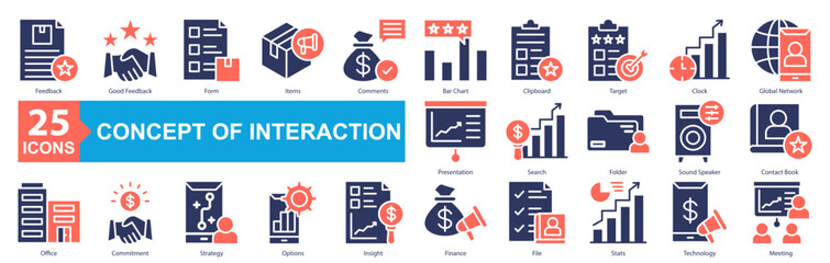 Concept of Interaction Icon Sheet Feedback, Meeting, Good Feedback, Form, Items, Comments, Bar Chart, Clipboard, Target, Clock, Global Network, Presentation, Search, Folder, Sound Speaker