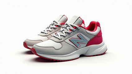 A pair of New Balance sneakers. The shoes are white, grey, and pink, with a light blue &ldquo;N&rdquo; logo on the side.

