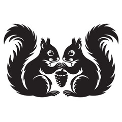 A pair of squirrels sitting close sharing an acorn black vector silhouette llustration on white background