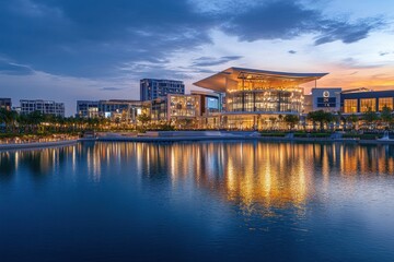 Obraz premium Stunning luxury waterfront area featuring high-end complexes and top-notch amenities for an upscale lifestyle.