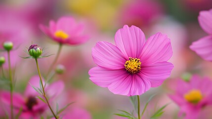 Obraz premium Blooming cosmos flowers in lush summer garden, vibrant botanical scene