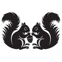 A pair of squirrels sitting close sharing an acorn black vector silhouette llustration on white background