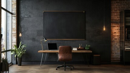 Blank blackboard empty blackboard office. Dark Industrial Home Office with Wooden Desk and Leather Chair