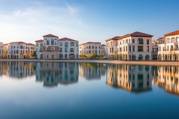 Fototapeta premium Stunning luxury waterfront area featuring high-end complexes and top-notch amenities for an upscale lifestyle.