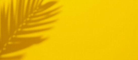 Bright yellow background with shadow of tropical palm leaf, minimalist abstract summer design, vibrant nature theme, warm vacation mood, sunlight effect, cheerful vibe