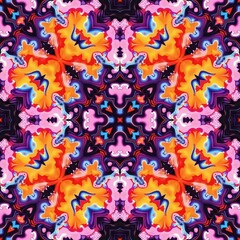 Vibrant Abstract Kaleidoscope Pattern Psychedelic Orange Pink Purple Mandala Design