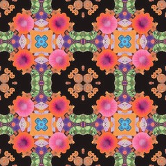 Vibrant Floral Kaleidoscope Pattern Symmetrical Mandala Design with Bright Pink Orange and Purple