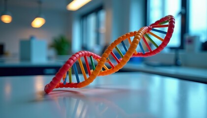 Colorful dna double helix model displayed on laboratory table, model, analysis