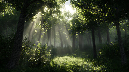 Obraz premium Sunlight through the trees in the forest. Beautiful summer landscape.