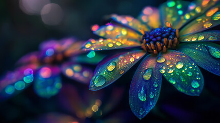 Iridescent Flower with Dewdrops &ndash; Vibrant Macro Nature Photography