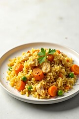 Colorful chicken pilaf with carrots, peas and spices on plate, vegetables, peas