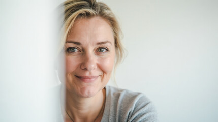 middle-aged woman with long blond hair, soft natural smile, relaxed expression, close-up face photo, simple neutral background, confident female portrait