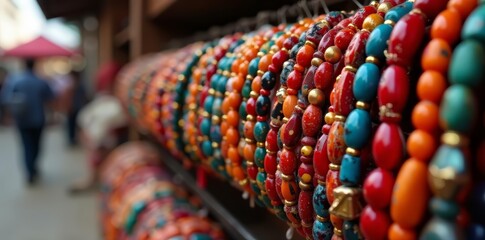 Colorful beaded bracelets displayed at market stall, handcraft, local