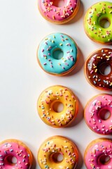 Colorful assortment of tasty donuts on a white surface, assortment, pastry