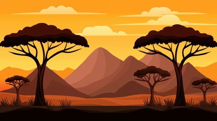 A vibrant sunset landscape featuring silhouettes of trees and mountains, showcasing warm oranges and browns against a scenic horizon.
