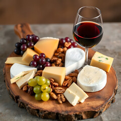 An elegant cheese board with assorted cheeses, grapes, nuts, and a glass of red wine. 