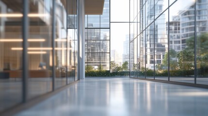 Obraz premium Modern office building hallway with glass walls and city view.
