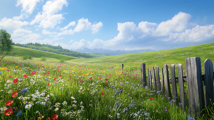 Obraz premium Beautiful spring meadow with flowers and fence. Nature composition.