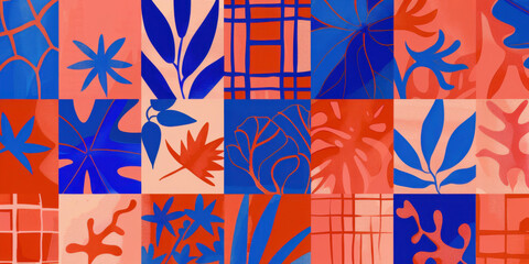 Modern geometric pattern with tropical leaves in vibrant summer colors
