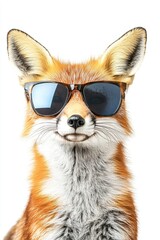 Obraz premium Fox wearing sunglasses looking stylish and playful on a white background, cute animal portrait, fun pet photography, trendy wildlife character concept.