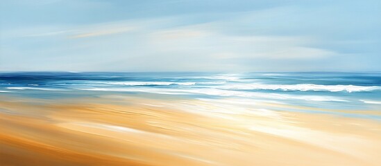 Obraz premium Abstract seascape painting, showing calm ocean waves meeting sandy beach under a serene sky.