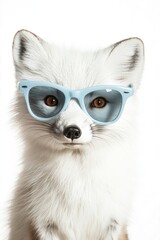 Obraz premium Fox wearing blue sunglasses in studio setting, adorable animal with playful expression, trendy fashion accessory for pets, cute wildlife portrait.