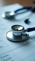 Close-up of stethoscope on medical record with pills, treatment, medicine