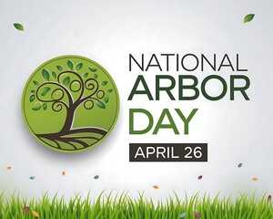 National Arbor Day Celebration: A vibrant graphic design celebrating National Arbor Day on April 26, featuring a stylized tree within a green circle, grass and falling leaves.