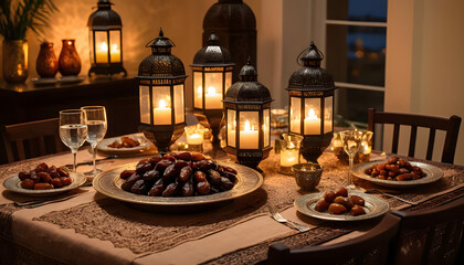 A beautifully decorated table set for Iftar with dates, water, and traditional Middle Eastern dishes, with warm lantern lights in the background.