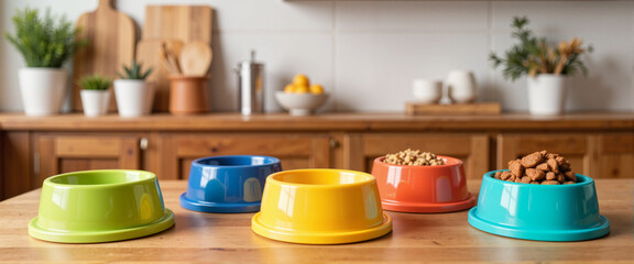 Colorful plastic pet food bowls arranged on kitchen table, pet care