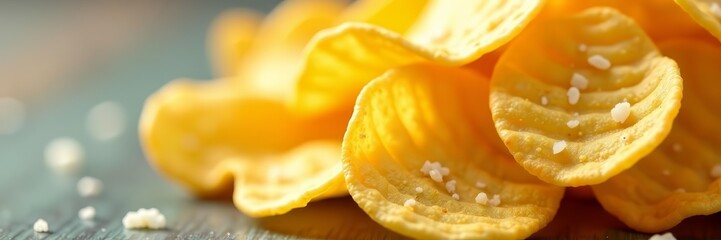 Close up of salted potato chips with ridges on clear backdrop, tasty snack, clear background, salted