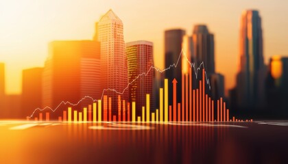 Obraz premium Urban skyline with financial graph overlay during sunset.