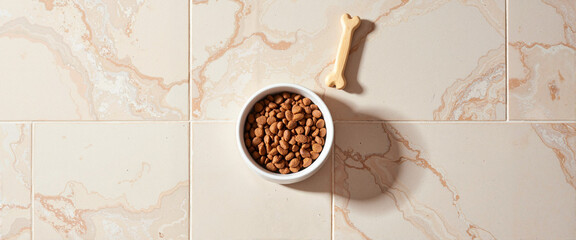 Empty pet food bowl with toy bone on patterned tile floor, pet care