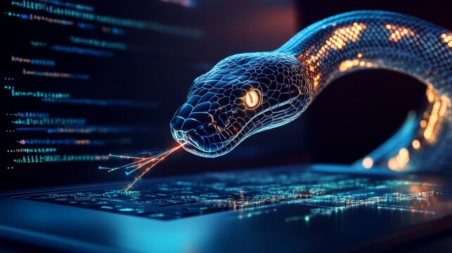python code with a digital snake out of the laptop screen, programming, representing the programming training data engineering