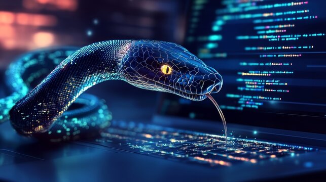 python code with a digital snake out of the laptop screen, programming, representing the programming training data engineering
