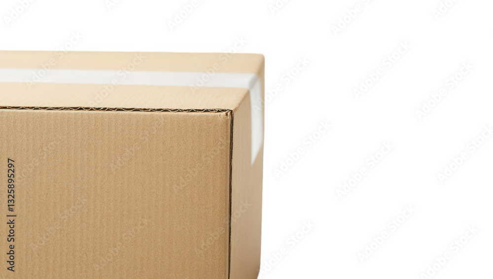 Poster a close-up view of a cardboard box with a white tape seal emphasizing its texture and structure sugg