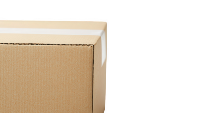 a close-up view of a cardboard box with a white tape seal emphasizing its texture and structure suggesting it may contain items for shipping or storage