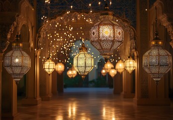 Serene Indoor Space with Intricate Lanterns and Twinkling Fairy Lights