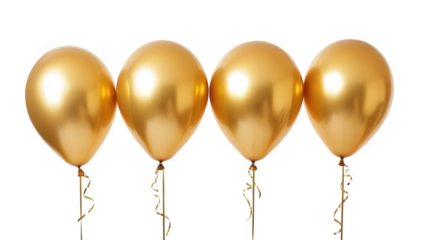 four shiny golden balloons tied with ribbons set against a white background ideal for celebrations and festive occasions