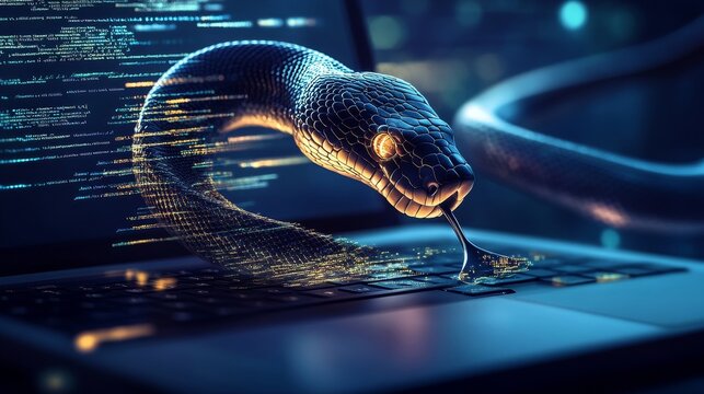 python code with a digital snake out of the laptop screen, programming, representing the programming training data engineering