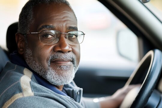 Senior African American Man Driving Car Portrait Serious Expression Face Male Grey Hair Beard Adult 