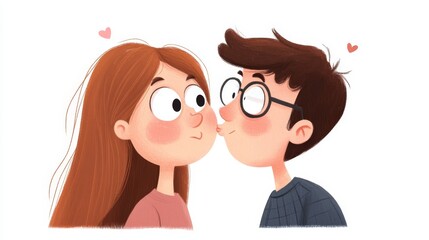 Young couple sharing a sweet kiss, expressing affection in a playful and charming cartoon style