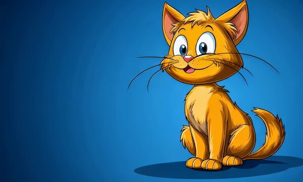 Cartoon ginger cat sitting and smiling on a blue gradient background with a soft shadow underneath