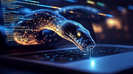 python code with a digital snake out of the laptop screen, programming, representing the programming training data engineering