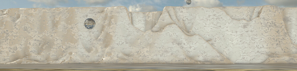 Obraz premium A surreal mountain landscape with a smooth, textured surface, reflecting in calm water under a soft sky. Perfect for backgrounds, nature themes, and abstract designs.