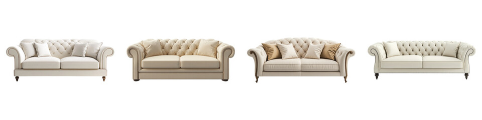 Fototapeta premium Ivory lounge featuring sofa isolated on transparent background, PNG, Set of