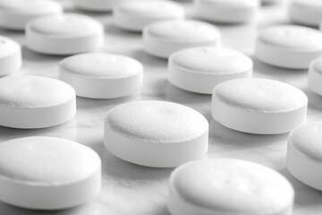 Macro shot of white effervescent tablets on a marble surface, ideal for pharmaceutical or healthcare content.